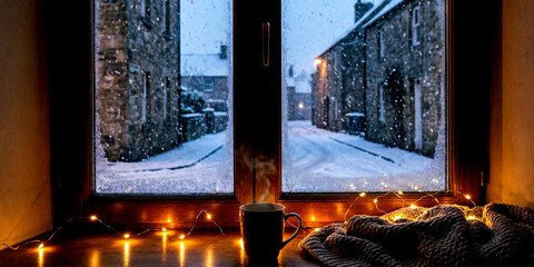 Steaming Mug of Coffee by a Frosted Window on a Snowy Winter Evening image photo