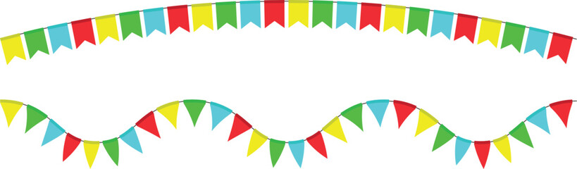 Colorful festive pennant banners in vibrant red, green, yellow, and blue for celebration decoration