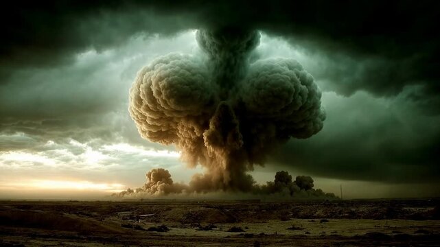 Massive skull shaped cloud forms over dark barren landscape creating dramatic apocalyptic scene of danger fear and powerful nature