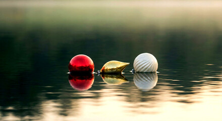 Three Decorative Ornaments Floating on Calm Water Surface at Sunrise lake