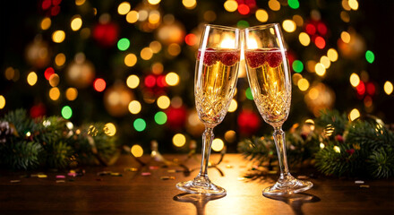 Two Champagne Flutes Clinking with Raspberries Against a Bokeh Christmas Tree toasting celebration