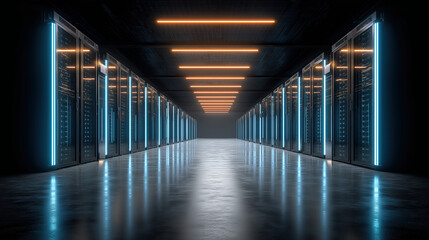 dark supercomputer data center aisle server racks perspective glowing light blue orange futuristic high speed digital network technology