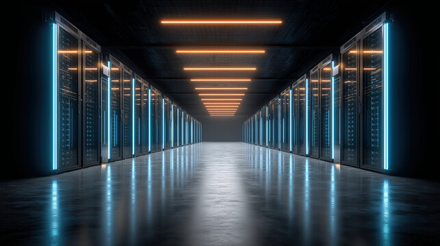 dark supercomputer data center aisle server racks perspective glowing light blue orange futuristic high speed digital network technology