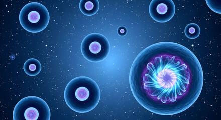Abstract 3D illustration of glowing blue cells  with detailed nucleus structure.