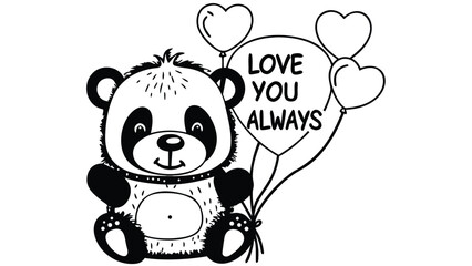 Cute hand drawn teddy bear holding floating heart balloons love you always