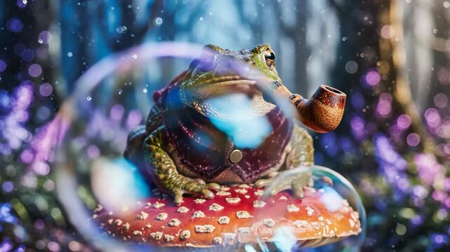 Fantasy Toad in Victorian Waistcoat Smoking Bubble Pipe on Mushroom