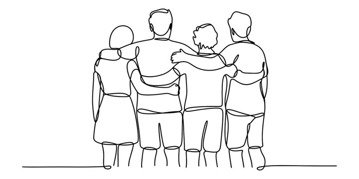 Continuous line drawing of four friends standing together with arms around each other Vector, illustration