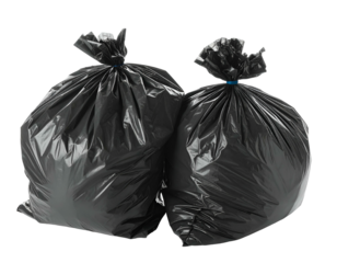 Two full black trash bags tied closed and isolated