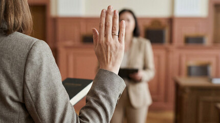Professional woman raising hand to take an oath in courtroom during formal legal proceedings with blurred figure in background