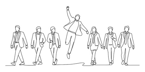 Continuous line art drawing of a business team moving forward with one person jumping in celebration Vector, illustration