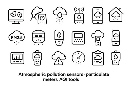 Atmospheric pollution sensors particulate meters aqi tools icons