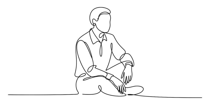 A continuous line art drawing of a man sitting comfortably on the ground Vector, illustration