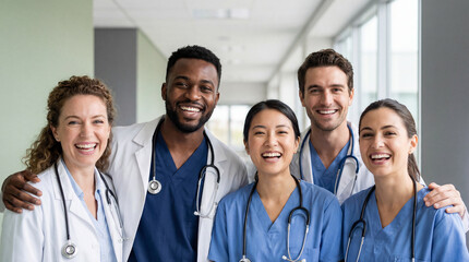 Diverse group of smiling medical professionals standing together in hospital corridor wearing scrubs and stethoscopes