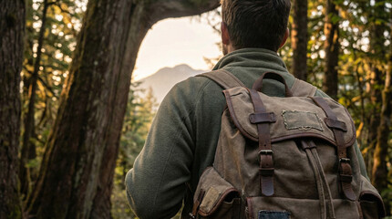 Obraz premium Male hiker with canvas backpack walking through dense forest toward distant mountain peak during peaceful outdoor adventure