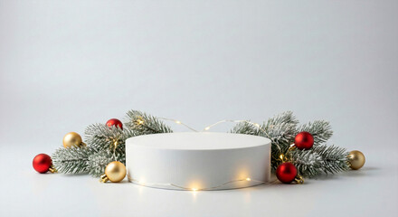 White Cylindrical Display Pedestal Surrounded by Frosted Pine Branches and Christmas Ornaments podium