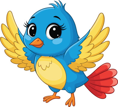 Cute cartoon blue bird illustration, happy baby bird character with wings spread isolated on white background for kids design