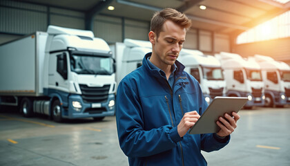 Man in blue jacket uses tablet in warehouse with parked trucks. He manages logistics and checks inventory on digital device. Modern industry work.
