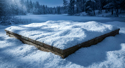 Wooden Platform Covered in Thick Snow in a Winter Forest Landscape base