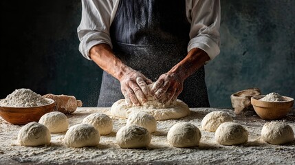 Baker kneading fresh dough with flour on rustic tables in kitchen workshop artisan bread preparation