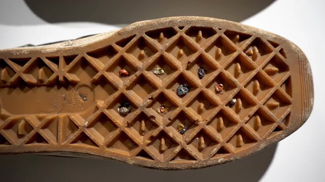 Wall Display of Vintage Sneaker Soles with Tread Patterns and Slow Zoom