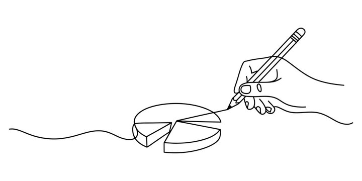 Continuous line drawing of a hand sketching a pie chart for business analysis Vector, illustration