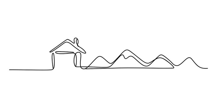 Continuous line drawing of a simple house integrated with a mountain landscape Vector, illustration