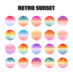Grunge vintage colorful sunset. Striped gradient sunrise badges in 80s and 90s style. Sun and ocean view, summer vibes, surfing. Design element for print, logo or t-shirt. Vector illustration