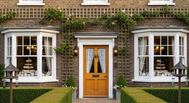 Elegant brick townhouse entrance with symmetrical bay windows, manicured topiary, climbing roses, and inviting wooden front door - Powered by Adobe