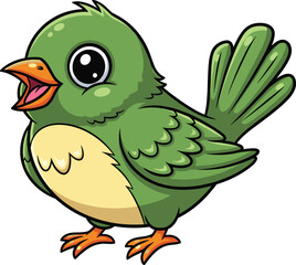 Cute cartoon green bird illustration, smiling baby bird character, adorable wildlife mascot, kids animal art, children book illustration, white background
