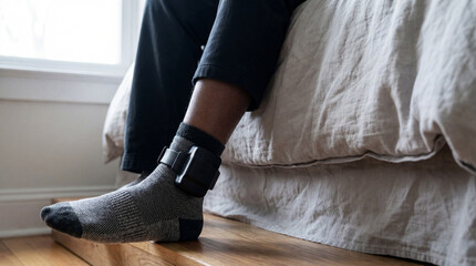 Person sitting on bedside wearing electronic ankle monitor over sock indoors, concept of surveillance, restriction, parole and curfew