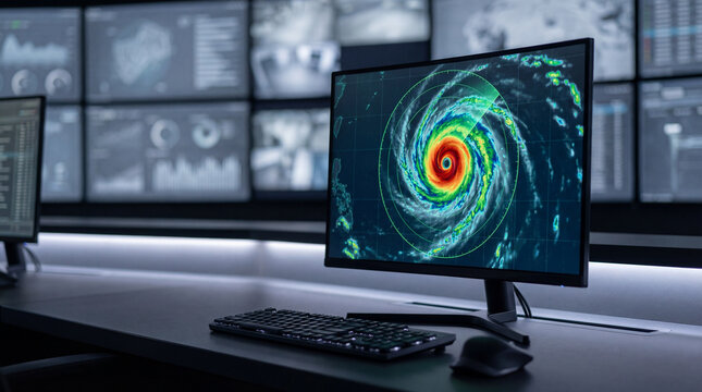 advanced weather control center tracking powerful hurricane cyclone on computer monitors with real time meteorological data and forecasts