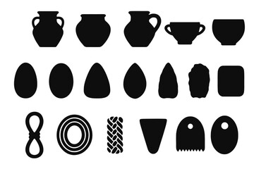 Silhouette collection of ceramic pots, stone tools, and pastry cutters