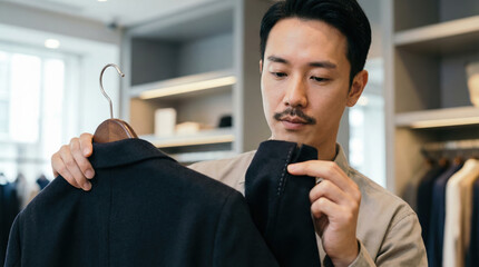Thoughtful young man examining dark coat quality in modern clothing store, choosing stylish outerwear with careful attention to detail