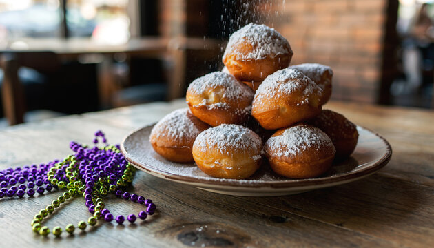 Stack of Fresh Beignets with Powdered Sugar and Mardi Gras Beads