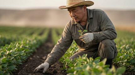middle aged farmer inspecting young crop seedlings in a lush green field at sunrise, carefully nurturing plants in fertile soil