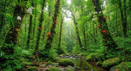 Fototapeta premium A lush, green tropical rainforest with a small stream flowing through it, surrounded by dense foliage and tall trees.