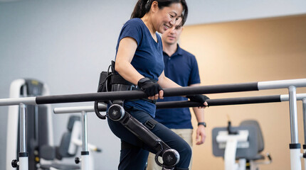Fototapeta premium Smiling woman using robotic exoskeleton for assisted walking therapy under supervision in modern rehabilitation center