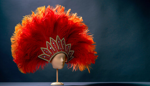 Red and Orange Feathered Carnival Headdress on Mannequin