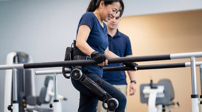 Smiling woman using robotic exoskeleton for assisted walking therapy under supervision in modern rehabilitation center