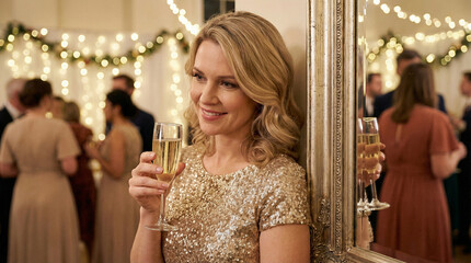 Elegant woman in gold sequin dress enjoying champagne at festive holiday party with warm lights and cheerful social atmosphere