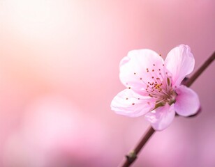 single soft pink cherry blossom flower with delicate petals and stamen isolated on blurry background with warm hazy sunlight creating dreamy pastel atmosphere