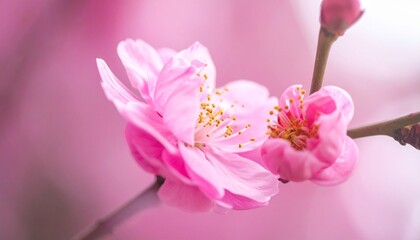 two pink plum blossoms with detailed petals and stamen against soft pastel background and gentle light creating romantic spring floral scene