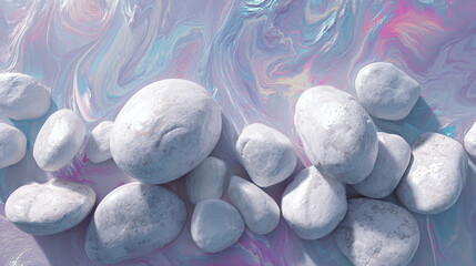 A collection of smooth, white stones arranged against a beautiful, swirled background. The scene is both calming and visually appealing
