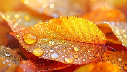Macro shot of a vibrant orange autumn leaf covered in glistening water droplets, reflecting sunlight amidst a bed of fallen leaves, symbolizing fall season and change with beautiful textures