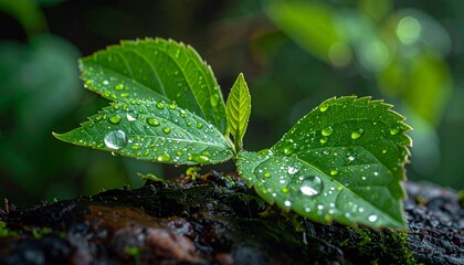 Tiny green sprout with new leaves emerging from dark earth and moss, covered in shimmering water droplets, symbolizing new life, growth, and resilience in a natural setting