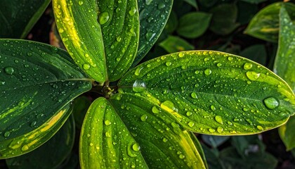 Top view of vibrant green and yellow variegated leaves covered in numerous small water droplets, glistening under soft light, showcasing intricate patterns and fresh plant life