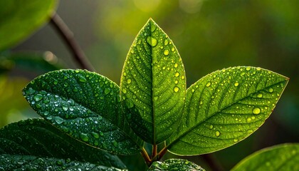 close up of vibrant green leaves covered in sparkling water droplets after rain, macro photography highlighting leaf texture and natural beauty, refreshing dew drops glistening on foliage