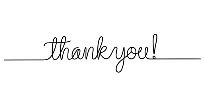 Continuous one-line art drawing of 'thank you!' in black on white background Vector, illustration