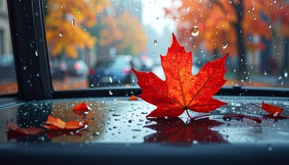 Close-up of bright red maple leaf on dark, wet surface dotted with water drops, car headlights blurred in distance, window view of rainy autumn day