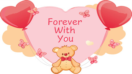 A cute teddy bear floats with pink heart shaped balloons and butterflies